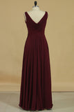V Neck Bridesmaid Dresses A Line With Beads And Ruffles Floor Length Chiffon