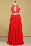 Red Scoop Two Pieces A Line Prom Dresses Beaded Bodice Open Back Chiffon & Tulle