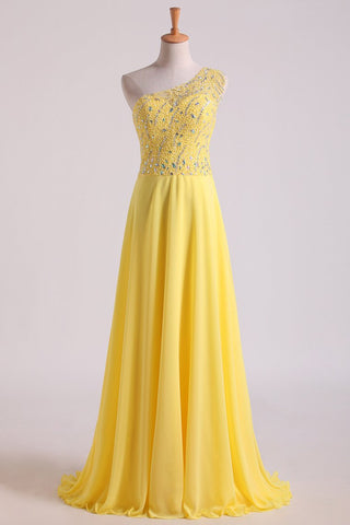 Hot One Shoulder A Line Prom Dress Beaded Tulle And Chiffon Court Train