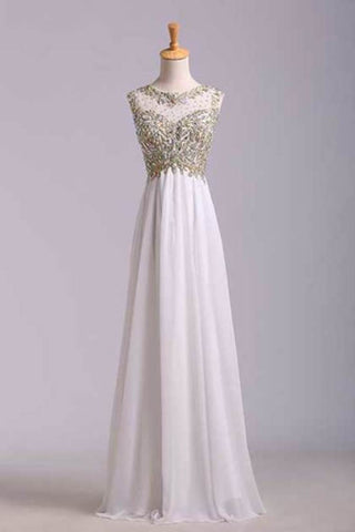 Scoop Neckline Off The Shoulder Prom Dresses White Floor Length Chiffon With Gold Embroidery