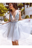 A Line V Neck Short Homecoming Dresses Tulle With Beads