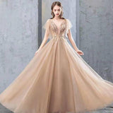 A Line V Neck Tulle Long Prom Dresses, Cheap Evening Dress with SJS20488