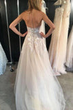 Ivory Strapless Tulle Long Beach Wedding Dresses, Sexy Appliques Bridal Dress