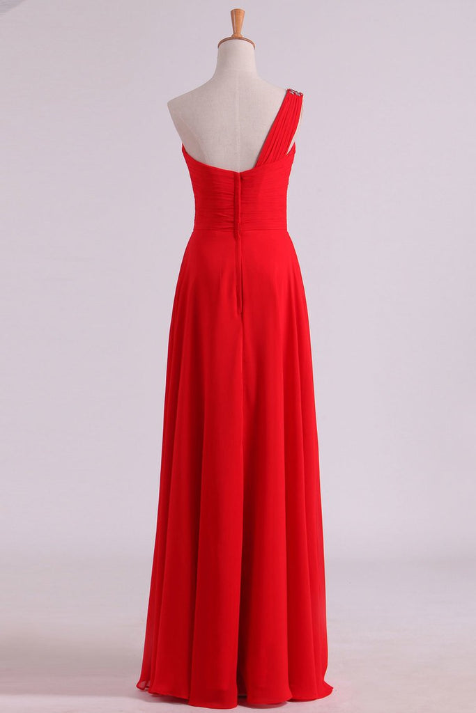 Red One Shoulder A Line Prom Dresses Chiffon Floor Length With Beading And Ruffles