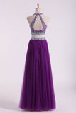 Halter Two Pieces A Line Prom Dresses Beaded Bodice Tulle Floor Length