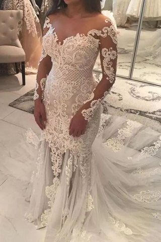Long Sleeve Sparkly Mermaid V Neck Beads Wedding Dresses With Applique SJS15249