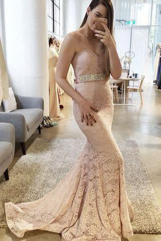 Gorgeous Lace Sexy Blush Pink Sweetheart Mermaid Charming Lace Prom Dresses JS747