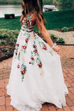 Lace Prom Dresses With Floral Embroidery A Line V Neck Evening Dresses