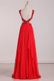 New Arrival Straps Prom Dresses Chiffon With Beads And Ruffles Open Back