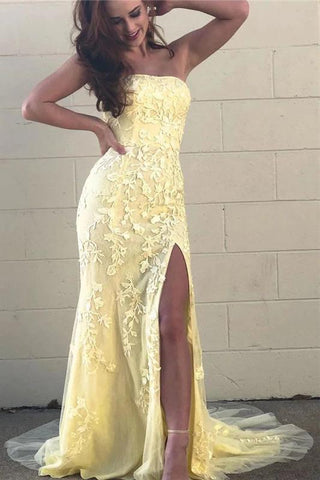 Yellow Mermaid Strapless Lace Appliques Prom Dresses with Slit, Evening SJS20475
