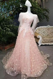 Prom Dresses Lace Up Scoop Neck Tulle A-Line With Beaded Bodice Cap Sleeves