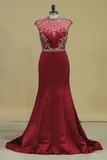 Open Back High Neck Mermaid Prom Dresses Satin With Ruffles And Beads