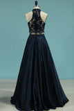 New Prom Dresses A-Line Scoop Floor-Length Lace And Satin With Side Pockets