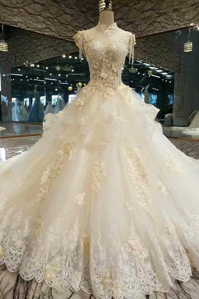 Marvelous Floral High Neck Wedding Dresses Lace Up Back Handmade Flowers Royal Train