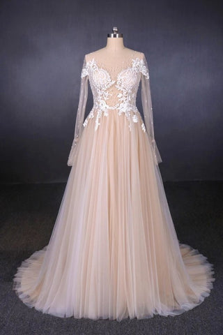 Sexy Sheer Neck Long Sleeves Tulle Wedding Dress, Charming Tulle Bridal Dress With Appliques