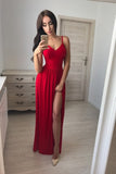 Simple Front Split Long A-Line Red Tight Cheap Prom Dresses Party Dresses