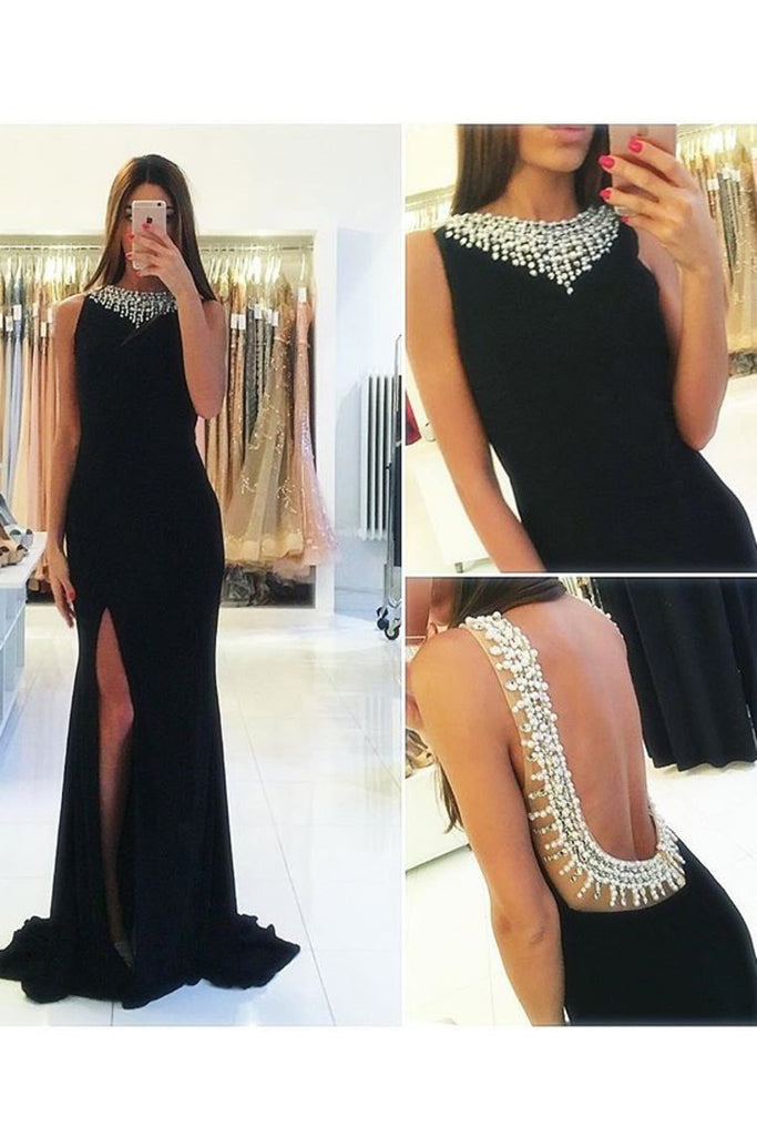 Sexy Open Back Prom Dresses Scoop Chiffon With Beads And Slit
