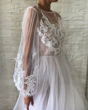 Jewel See Through Long Sleeve Ivory Lace Appliques Prom Dresses, Wedding Dresses SJS15520