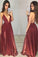 Burgundy Deep V-neck Sexy Spaghetti Straps A-Line Backless Tulle Evening Dresses JS818