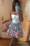 Cute Gray Strapless Tulle Homecoming Dresses with Flowers Short Sweet 16 Dresses SJS14971