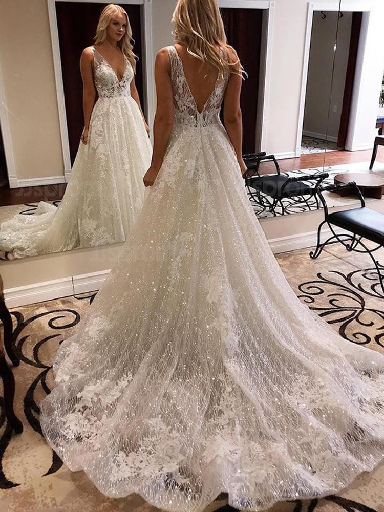 Luxurious Ball Gown V Neck Open Back Ivory Lace Wedding Dresses,Sequins Beach Bridal Dresses SJS15259