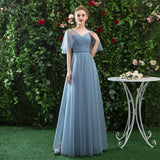A Line V Neck Tulle Blue Cheap Prom Dress, Long Floor Length Bridesmaid Dresses SJS15044