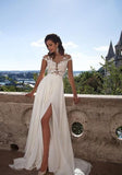 2024 Lovely Off White Lace Appliques Cap Sleeves Long Chiffon Beach Wedding Dresses JS304
