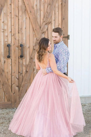 A Line Spaghetti Straps V Neck Rose Pink Tulle Prom Dresses Beaded Bodice Formal Dress SJS15033