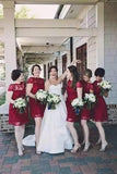 A Line Burgundy Lace Cap Sleeve Bridesmaid Dresses, Knee Length Short Wedding Party Dresses SJS14995