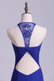 Unique Dark Royal Blue Prom Dress Scoop A Line Chiffon With Beads&Ruffles