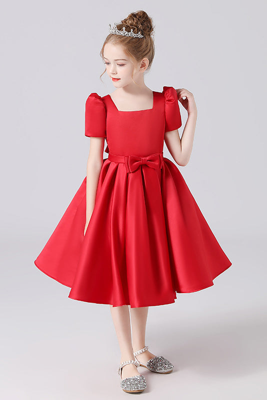 A Line Red Short Sleeve Flower Girl Dresses With Bownot