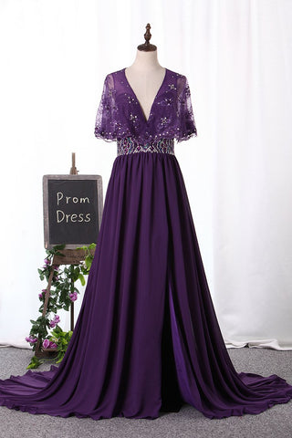 V Neck Prom Dresses A Line Chiffon & Lace With Beads And Slit