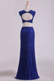 Sheath Open Back Two Pieces Prom Dresses Lace With Applique & Beading Dark Royal Blue