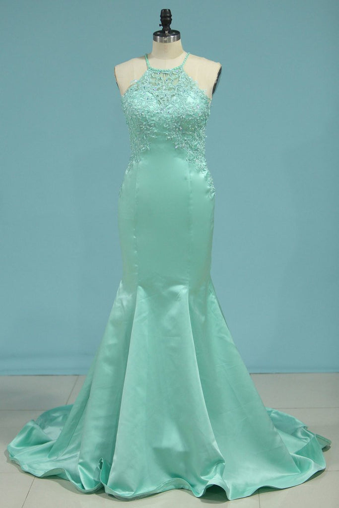 New Arrival Open Back Prom Dresses Mermaid Satin With Beads And Applique