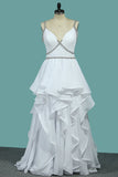 Spaghetti Straps Wedding Dresses A Line With Beading Open Back