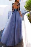 Sexy A-Line See Through Blue Lace Long Sleeve Open Back Appliques Long Prom Dresses UK JS413