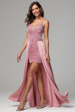 Detachable Train Pink Spaghetti Straps Sequins Homecoming Dress