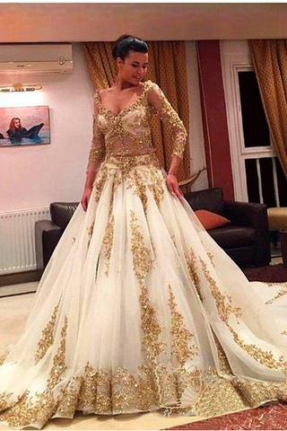 Prom Dresses V Neck Long Sleeves Tulle With Applique And Beads Court Train