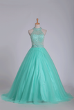 Mint Ball Gown High Neck Beaded Bodice Prom Dresses Tulle Floor Length