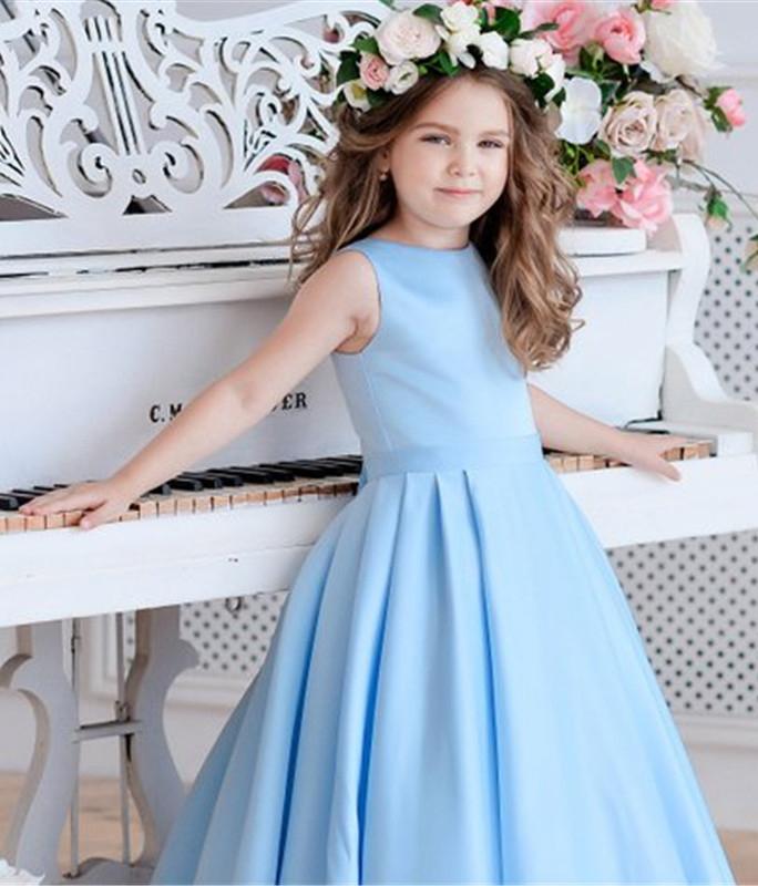 Princess A Line Sky Blue Satin Flower Girl Dresses with Bowknot, Baby Dresses SJS15586