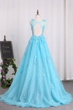 Bateau A Line Prom Dresses Tulle With Applique Sweep Train