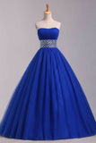 Prom Dress Strapless Dark Royal Blue A Line/Princess Pick Up Tulle Skirt Beaded Waistline