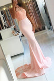 Pink Long Sexy Backless Mermaid Satin Sleeveless Lace High Neck Beads Prom Dresses UK JS393