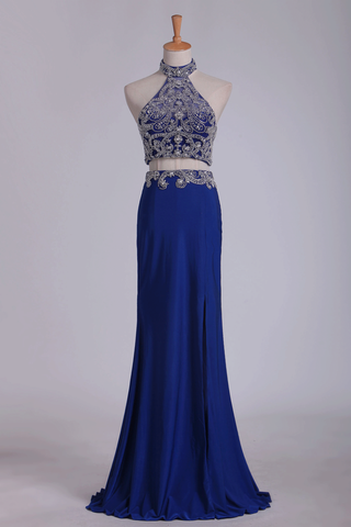 New Arrival Halter Beaded Bodice Prom Dresses Spandex With Slit