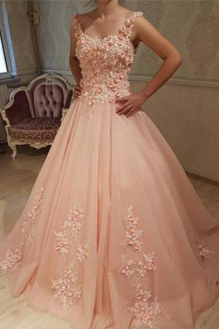 Gorgeous Ball Gown Round Neck Sweetheart Open Back Peach Lace Long Prom Dresses JS134