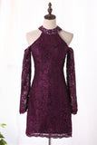 Sheath High Neck Lace Cocktail Dresses Open Back Long Sleeves