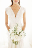 Cheap Elegant A-line V-neck Ruffles Floor-length Chiffon Cap Sleeves Long Wedding Dresses