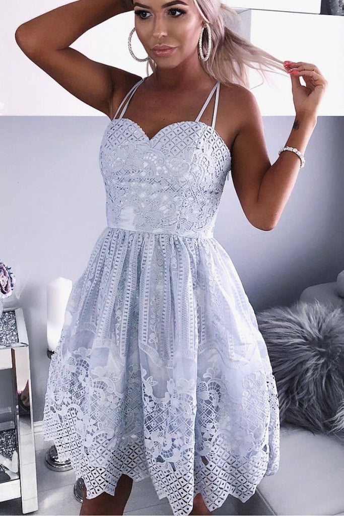 A-Line Spaghetti Straps Knee-Length Gray Lace Sweetheart Prom Homecoming Dress JS657