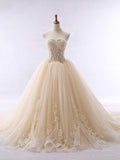 Chic Ball Gowns Strapless Sweetheart Tulle Lace up Modest Cheap Lace Long Prom Dresses JS326