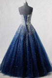 A Line Blue Tulle Long Prom Dresses UK Bling Bling Quinceanera Dresses